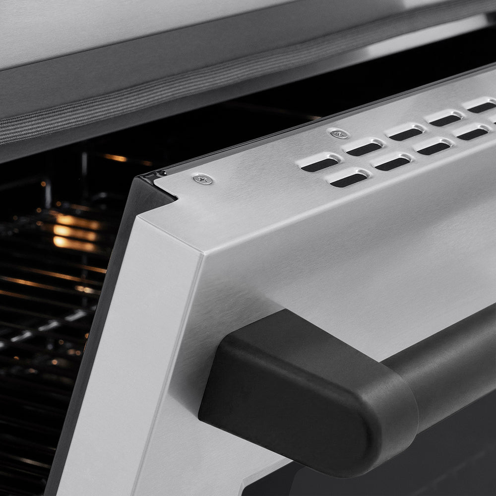 ZLINE Autograph Edition 36 in. 5.2 cu. ft. Paramount Induction Range with 5 Element Cooktop and Electric Convection Oven in Stainless Steel with Matte Black Accents (SINRZ-36-MB) close-up, oven slightly open, showing oven door handle.