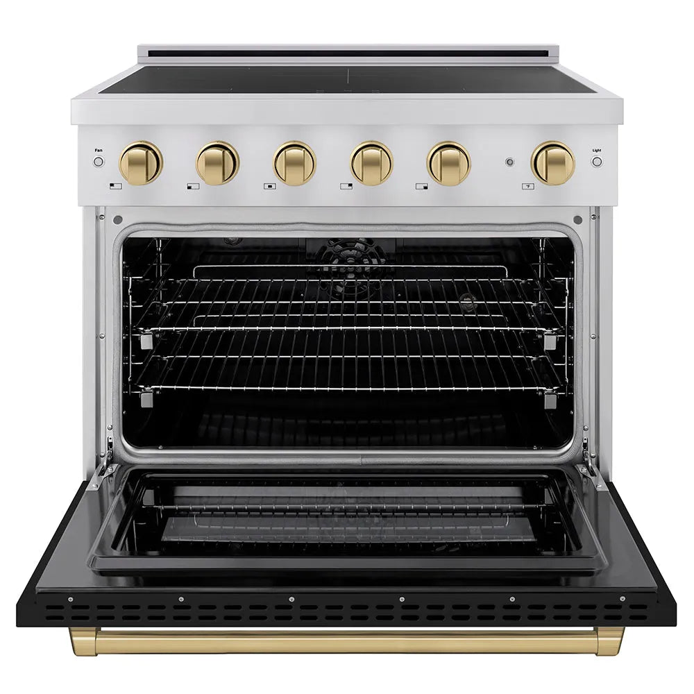 ZLINE Autograph Edition 36 in. 5.2 cu. ft. Paramount Induction Range with 5 Element Cooktop and Electric Convection Oven in Stainless Steel with Black Matte Door and Champagne Bronze Accents (SINRZ-BLM-36-CB) front, oven open.
