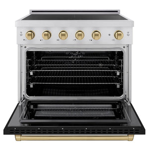 ZLINE Autograph Edition 36 in. 5.2 cu. ft. Paramount Induction Range with 5 Element Cooktop and Electric Convection Oven in Stainless Steel with Black Matte Door and Champagne Bronze Accents (SINRZ-BLM-36-CB) front, oven open.
