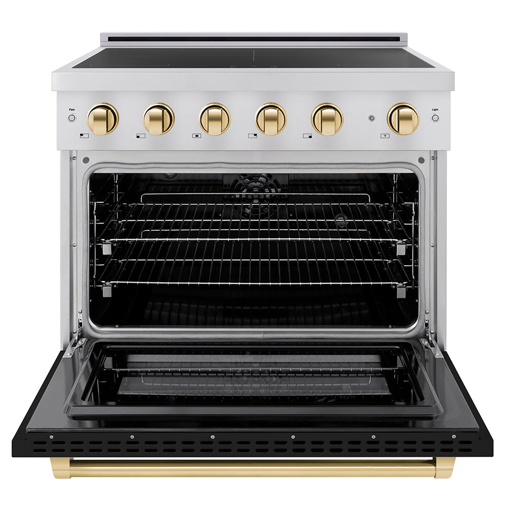 ZLINE Autograph Edition 36 in. 5.2 cu. ft. Paramount Induction Range with 5 Element Cooktop and Electric Convection Oven in Stainless Steel with Black Matte Door and Polished Gold Accents (SINRZ-BLM-36-G) front, oven open.