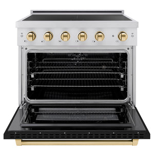 ZLINE Autograph Edition 36 in. 5.2 cu. ft. Paramount Induction Range with 5 Element Cooktop and Electric Convection Oven in Stainless Steel with Black Matte Door and Polished Gold Accents (SINRZ-BLM-36-G) front, oven open.