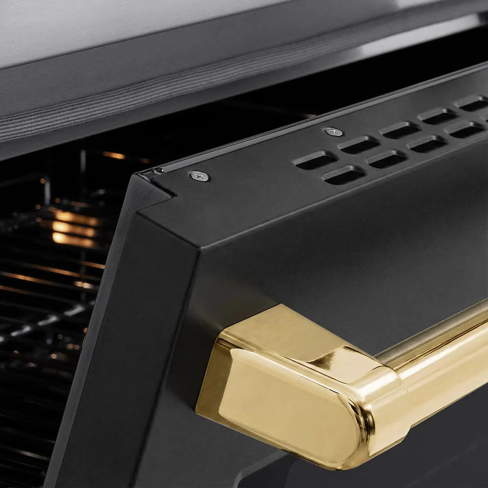 ZLINE Autograph Edition 36 in. 5.2 cu. ft. Paramount Induction Range with 5 Element Cooktop and Electric Convection Oven in Stainless Steel with Black Matte Door and Polished Gold Accents (SINRZ-BLM-36-G) close-up, oven slightly open, showing oven door handle.