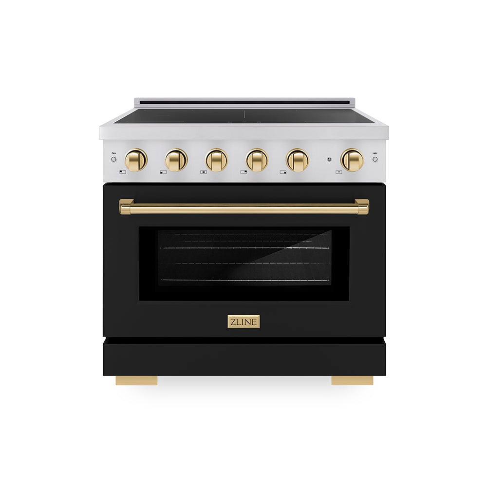 ZLINE Autograph Edition 36 in. 5.2 cu. ft. Paramount Induction Range with 5 Element Cooktop and Electric Convection Oven in Stainless Steel with Black Matte Door and Polished Gold Accents (SINRZ-BLM-36-G)