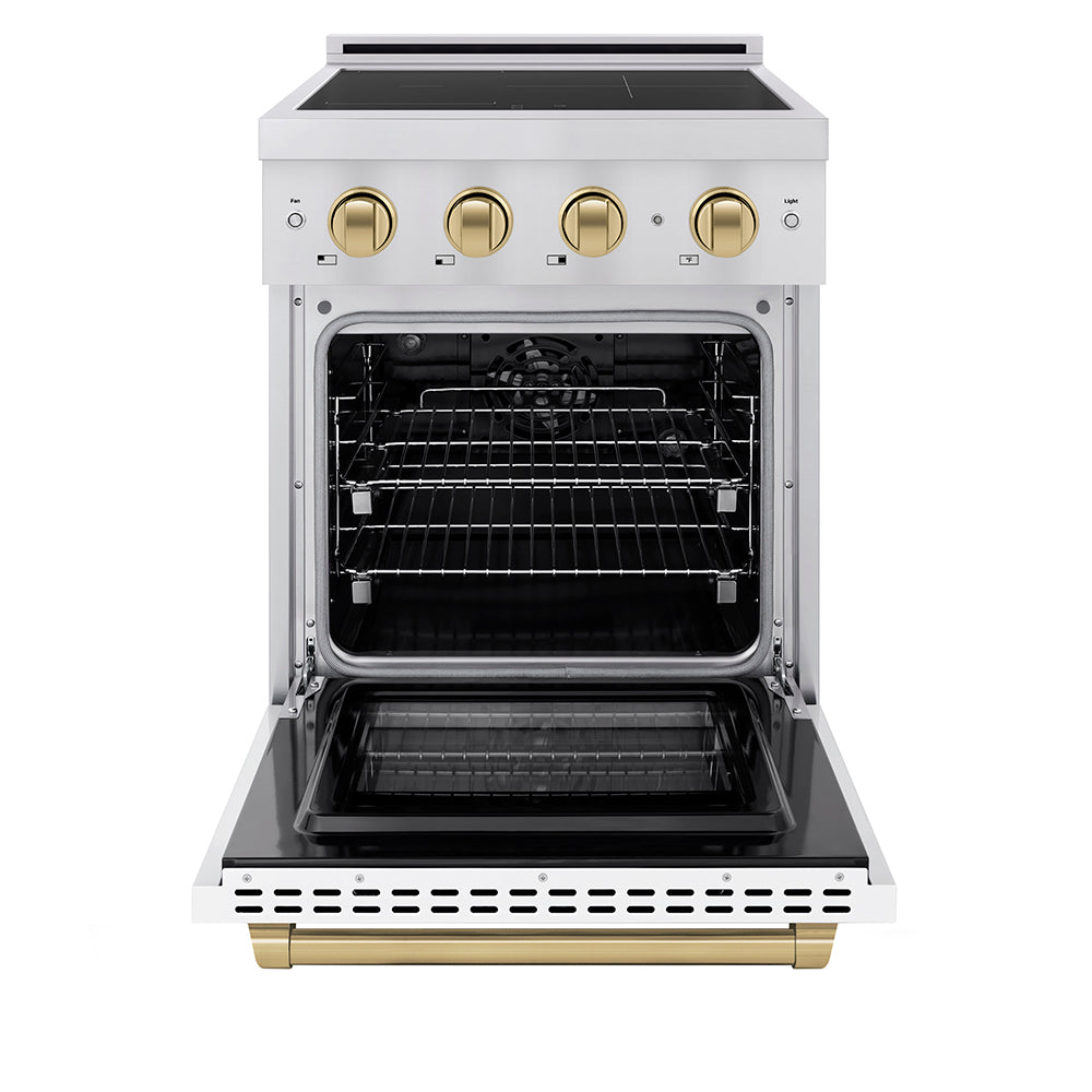 ZLINE Autograph Edition 24 in. 3.2 cu. ft. Paramount Induction Range with 3 Element Cooktop and Electric Convection Oven in Stainless Steel with White Matte Door and Champagne Bronze Accents (SINRZ-WM-24-CB)