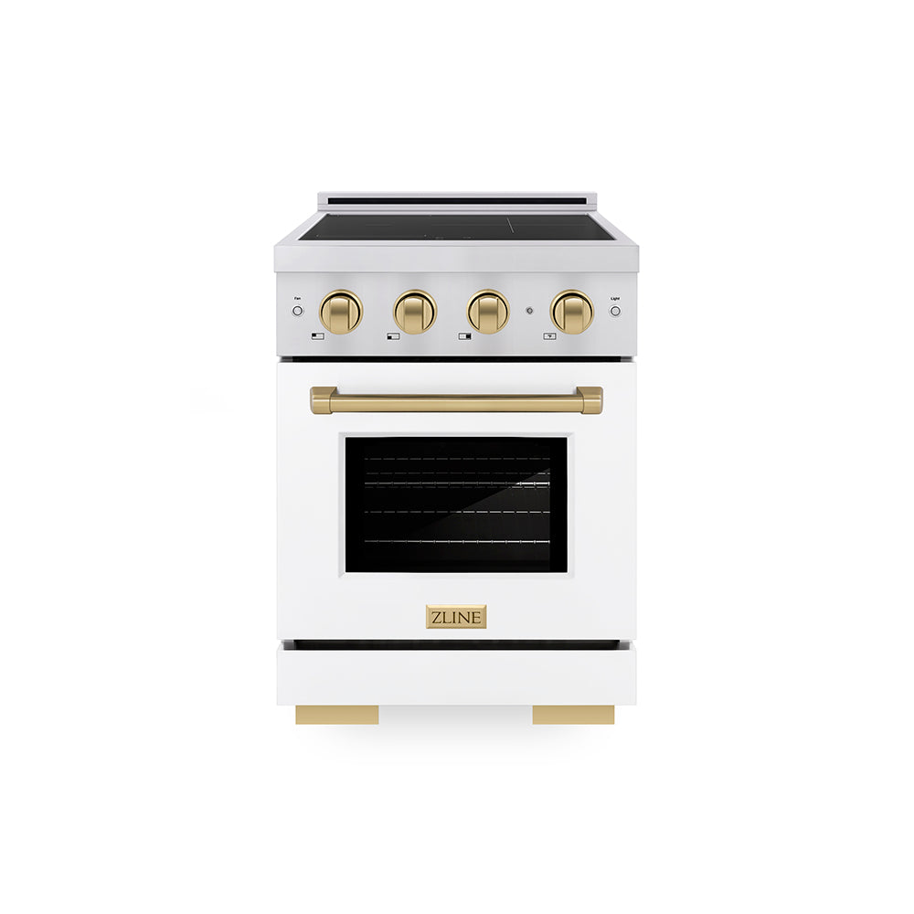 ZLINE Autograph Edition 24 in. 3.2 cu. ft. Paramount Induction Range with 3 Element Cooktop and Electric Convection Oven in Stainless Steel with White Matte Door and Champagne Bronze Accents (SINRZ-WM-24-CB)