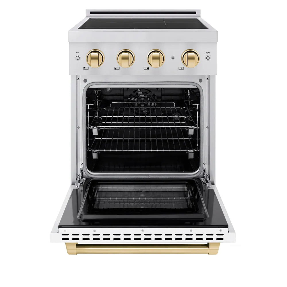 ZLINE Autograph Edition 24 in. 3.2 cu. ft. Paramount Induction Range with 3 Element Cooktop and Electric Convection Oven in Stainless Steel with White Matte Door and Polished Gold Accents (SINRZ-WM-24-G) front, oven open.