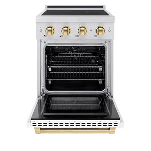 ZLINE Autograph Edition 24 in. 3.2 cu. ft. Paramount Induction Range with 3 Element Cooktop and Electric Convection Oven in Stainless Steel with White Matte Door and Polished Gold Accents (SINRZ-WM-24-G) front, oven open.