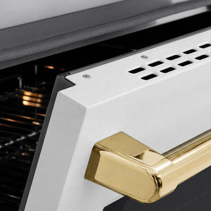 ZLINE Autograph Edition 24 in. 3.2 cu. ft. Paramount Induction Range with 3 Element Cooktop and Electric Convection Oven in Stainless Steel with White Matte Door and Polished Gold Accents (SINRZ-WM-24-G) oven door slightly open showing handle detail.