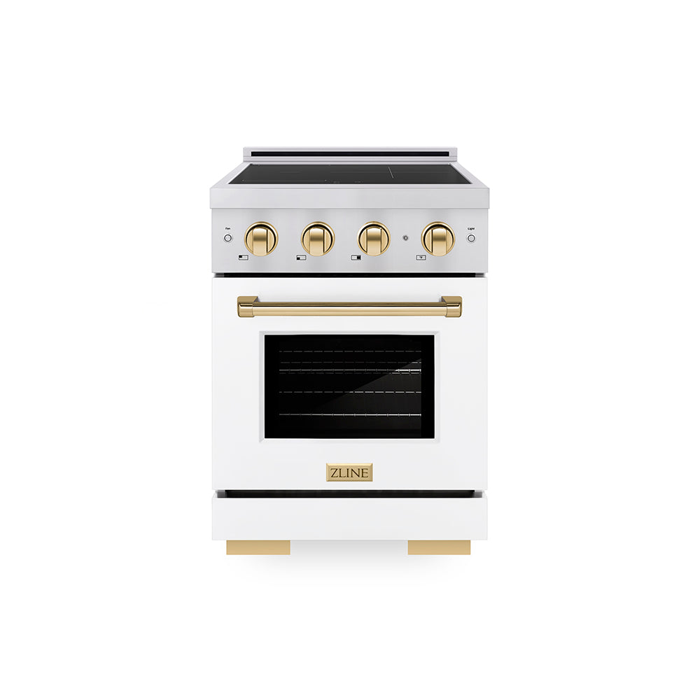 ZLINE Autograph Edition 24 in. 3.2 cu. ft. Paramount Induction Range with 3 Element Cooktop and Electric Convection Oven in Stainless Steel with White Matte Door and Polished Gold Accents (SINRZ-WM-24-G)