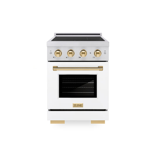 ZLINE Autograph Edition 24 in. 3.2 cu. ft. Paramount Induction Range with 3 Element Cooktop and Electric Convection Oven in Stainless Steel with White Matte Door and Polished Gold Accents (SINRZ-WM-24-G)