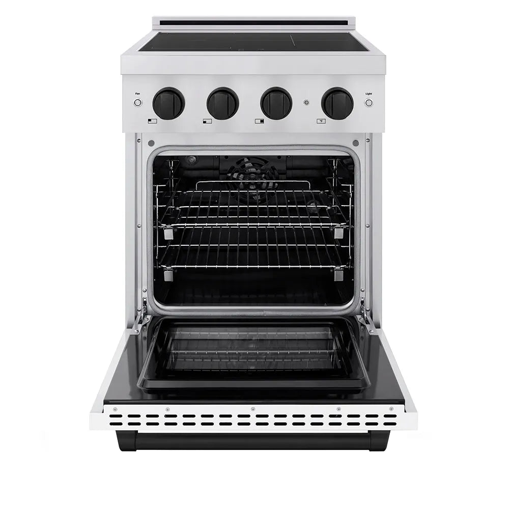 ZLINE Autograph Edition 24 in. 3.2 cu. ft. Paramount Induction Range with 3 Element Cooktop and Electric Convection Oven in Stainless Steel with White Matte Door and Matte Black Accents (SINRZ-WM-24-MB) front, oven open.