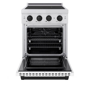 ZLINE Autograph Edition 24 in. 3.2 cu. ft. Paramount Induction Range with 3 Element Cooktop and Electric Convection Oven in Stainless Steel with White Matte Door and Matte Black Accents (SINRZ-WM-24-MB) front, oven open.