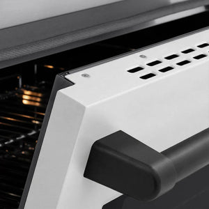 ZLINE Autograph Edition 24 in. 3.2 cu. ft. Paramount Induction Range with 3 Element Cooktop and Electric Convection Oven in Stainless Steel with White Matte Door and Matte Black Accents (SINRZ-WM-24-MB) oven door slightly open showing handle detail.