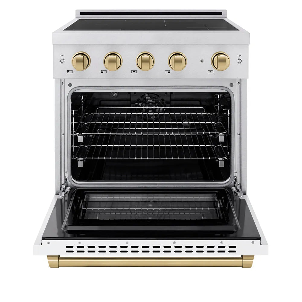 ZLINE Autograph Edition 30 in. 4.2 cu. ft. Paramount Induction Range with 4 Element Cooktop and Electric Convection Oven in Stainless Steel with White Matte Door and Champagne Bronze Accents (SINRZ-WM-30-CB) front, oven open.