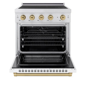 ZLINE Autograph Edition 30 in. 4.2 cu. ft. Paramount Induction Range with 4 Element Cooktop and Electric Convection Oven in Stainless Steel with White Matte Door and Champagne Bronze Accents (SINRZ-WM-30-CB) front, oven open.