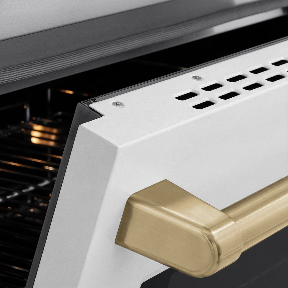 ZLINE Autograph Edition 30 in. 4.2 cu. ft. Paramount Induction Range with 4 Element Cooktop and Electric Convection Oven in Stainless Steel with White Matte Door and Champagne Bronze Accents (SINRZ-WM-30-CB) close-up, oven slightly open, showing oven door handle.