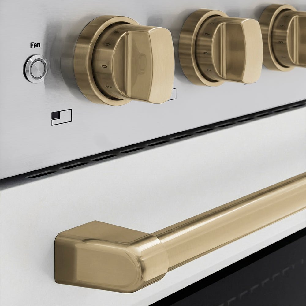 ZLINE Autograph Edition 30 in. 4.2 cu. ft. Paramount Induction Range with 4 Element Cooktop and Electric Convection Oven in Stainless Steel with White Matte Door and Champagne Bronze Accents (SINRZ-WM-30-CB) close-up, cooktop and oven knobs.