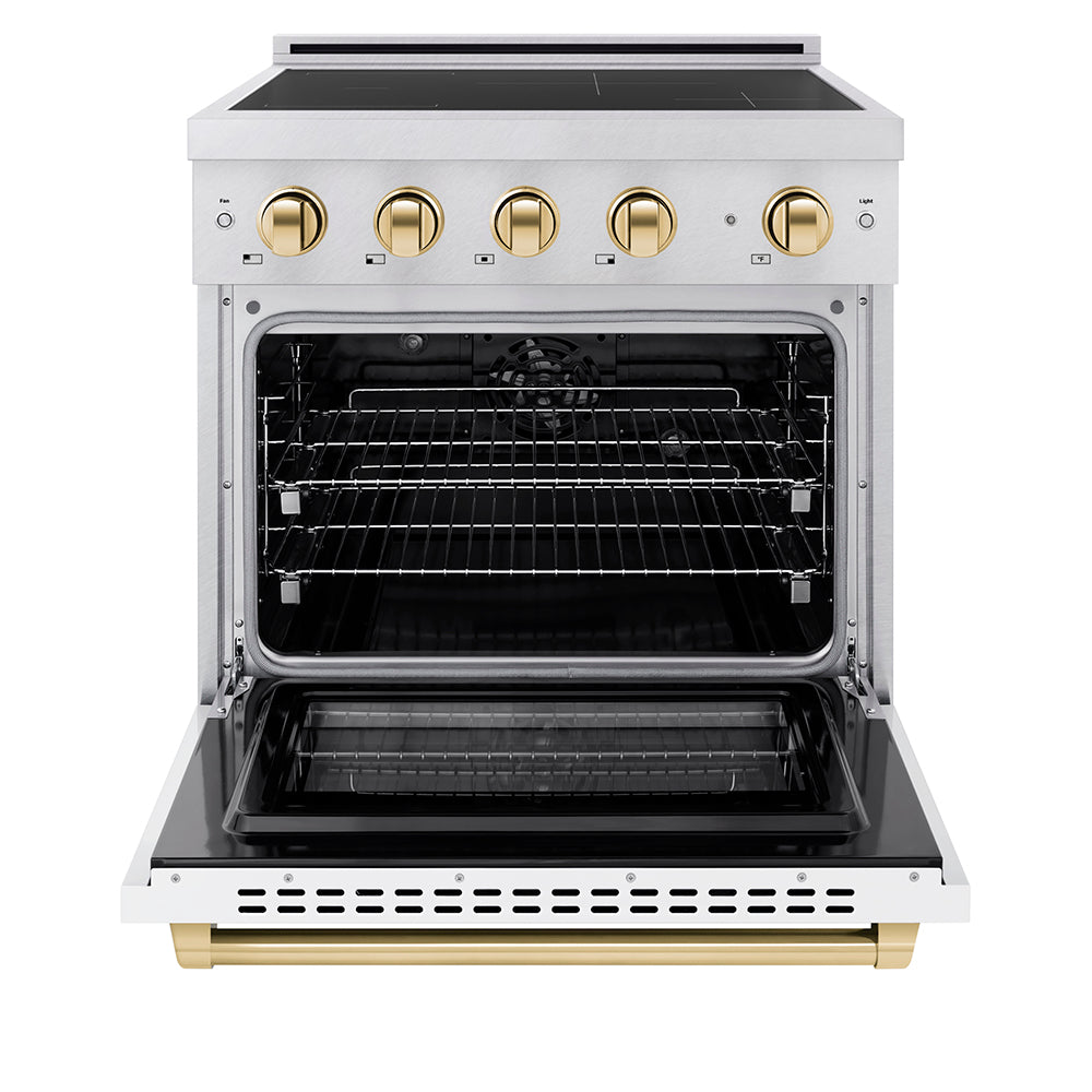 ZLINE Autograph Edition 30 in. 4.2 cu. ft. Paramount Induction Range with 4 Element Cooktop and Electric Convection Oven in Stainless Steel with White Matte Door and Polished Gold Accents (SINRZ-WM-30-G) front, oven open.