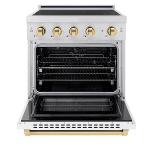 ZLINE Autograph Edition 30 in. 4.2 cu. ft. Paramount Induction Range with 4 Element Cooktop and Electric Convection Oven in Stainless Steel with White Matte Door and Polished Gold Accents (SINRZ-WM-30-G) front, oven open.