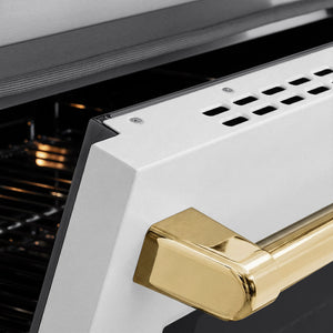 ZLINE Autograph Edition 30 in. 4.2 cu. ft. Paramount Induction Range with 4 Element Cooktop and Electric Convection Oven in Stainless Steel with White Matte Door and Polished Gold Accents (SINRZ-WM-30-G) close-up, oven slightly open, showing oven door handle.