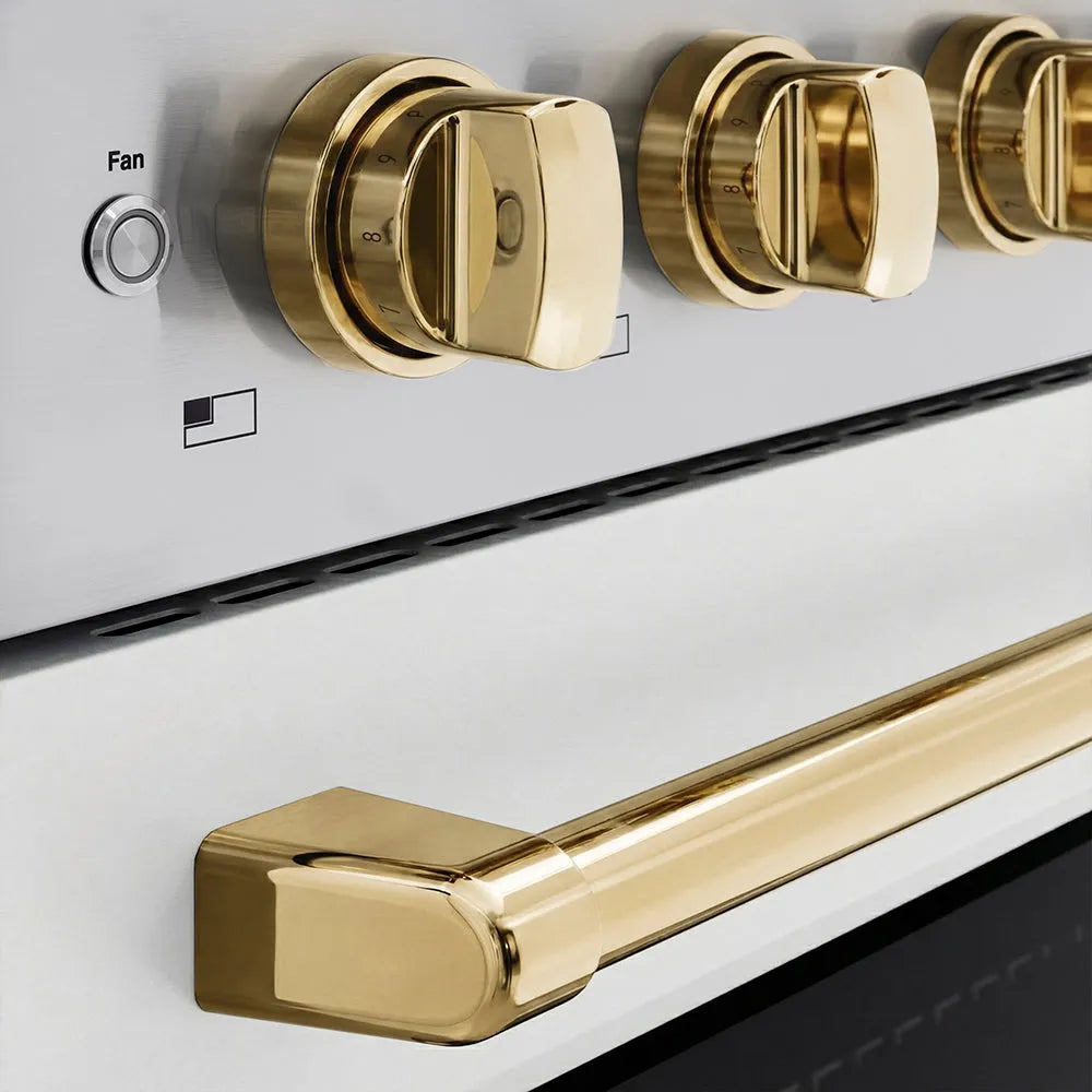 ZLINE Autograph Edition 30 in. 4.2 cu. ft. Paramount Induction Range with 4 Element Cooktop and Electric Convection Oven in Stainless Steel with White Matte Door and Polished Gold Accents (SINRZ-WM-30-G) close-up, cooktop and oven knobs.
