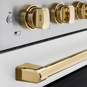 ZLINE Autograph Edition 30 in. 4.2 cu. ft. Paramount Induction Range with 4 Element Cooktop and Electric Convection Oven in Stainless Steel with White Matte Door and Polished Gold Accents (SINRZ-WM-30-G) close-up, cooktop and oven knobs.