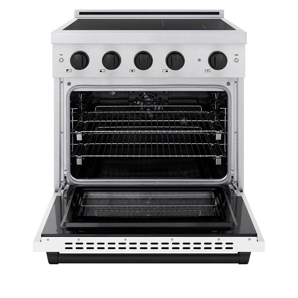 ZLINE Autograph Edition 30 in. 4.2 cu. ft. Paramount Induction Range with 4 Element Cooktop and Electric Convection Oven in Stainless Steel with White Matte Door and Matte Black Accents (SINRZ-WM-30-MB) front, oven open.