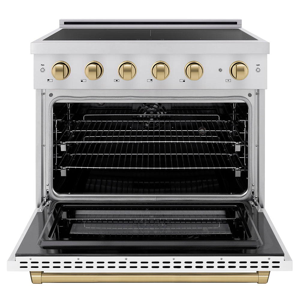 ZLINE Autograph Edition 36 in. 5.2 cu. ft. Paramount Induction Range with 5 Element Cooktop and Electric Convection Oven in Stainless Steel with White Matte Door and Champagne Bronze Accents (SINRZ-WM-36-CB) front, oven open.