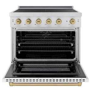 ZLINE Autograph Edition 36 in. 5.2 cu. ft. Paramount Induction Range with 5 Element Cooktop and Electric Convection Oven in Stainless Steel with White Matte Door and Champagne Bronze Accents (SINRZ-WM-36-CB) front, oven open.