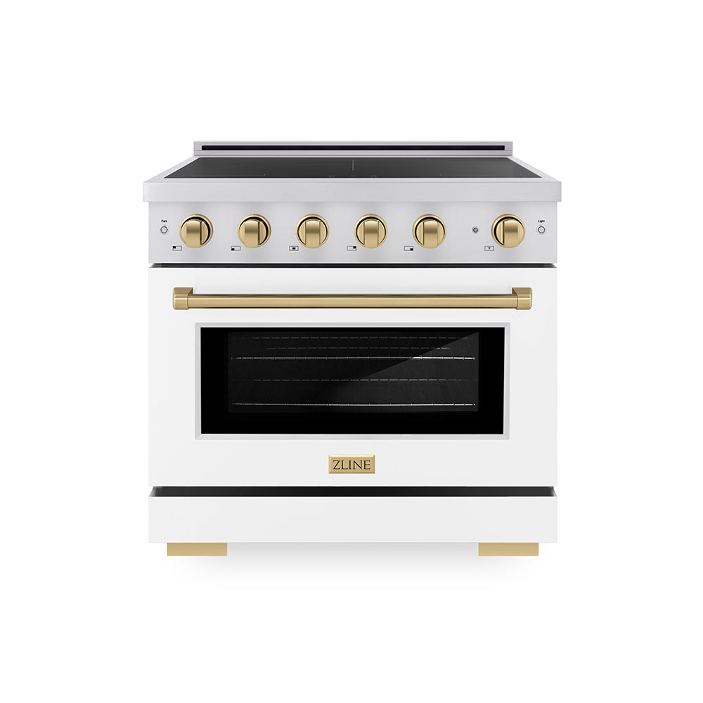 ZLINE Autograph Edition 36 in. 5.2 cu. ft. Paramount Induction Range with 5 Element Cooktop and Electric Convection Oven in Stainless Steel with White Matte Door and Champagne Bronze Accents (SINRZ-WM-36-CB)
