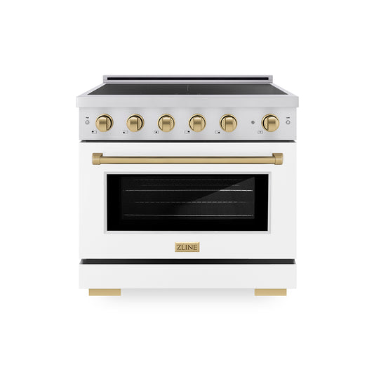 ZLINE Autograph Edition 36 in. 5.2 cu. ft. Paramount Induction Range with 5 Element Cooktop and Electric Convection Oven in Stainless Steel with White Matte Door and Champagne Bronze Accents (SINRZ-WM-36-CB)