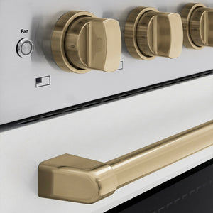 ZLINE Autograph Edition 36 in. 5.2 cu. ft. Paramount Induction Range with 5 Element Cooktop and Electric Convection Oven in Stainless Steel with White Matte Door and Champagne Bronze Accents (SINRZ-WM-36-CB) close-up, cooktop and oven knobs.