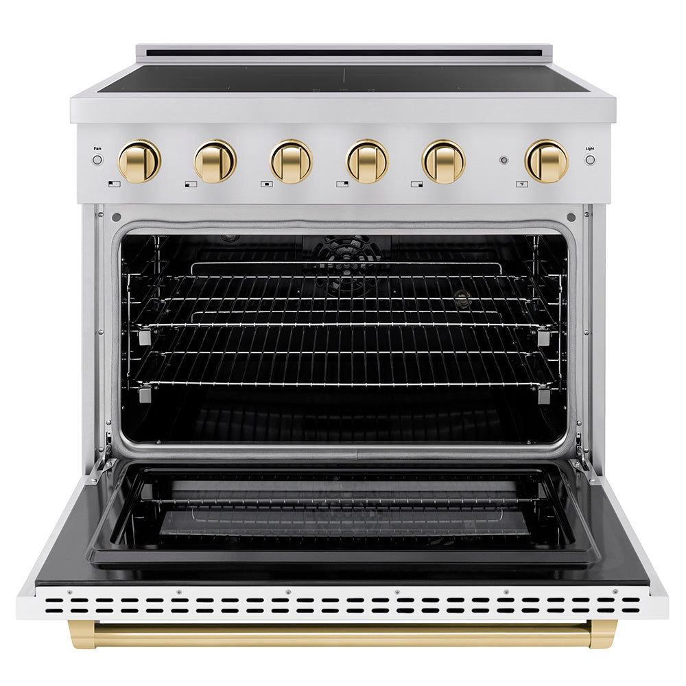 ZLINE Autograph Edition 36 in. 5.2 cu. ft. Paramount Induction Range with 5 Element Cooktop and Electric Convection Oven in Stainless Steel with White Matte Door and Polished Gold Accents (SINRZ-WM-36-G) front, oven open.