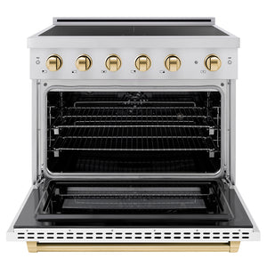 ZLINE Autograph Edition 36 in. 5.2 cu. ft. Paramount Induction Range with 5 Element Cooktop and Electric Convection Oven in Stainless Steel with White Matte Door and Polished Gold Accents (SINRZ-WM-36-G) front, oven open.