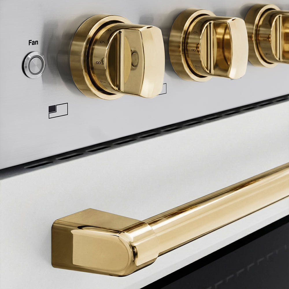 ZLINE Autograph Edition 36 in. 5.2 cu. ft. Paramount Induction Range with 5 Element Cooktop and Electric Convection Oven in Stainless Steel with White Matte Door and Polished Gold Accents (SINRZ-WM-36-G) close-up, cooktop and oven knobs.