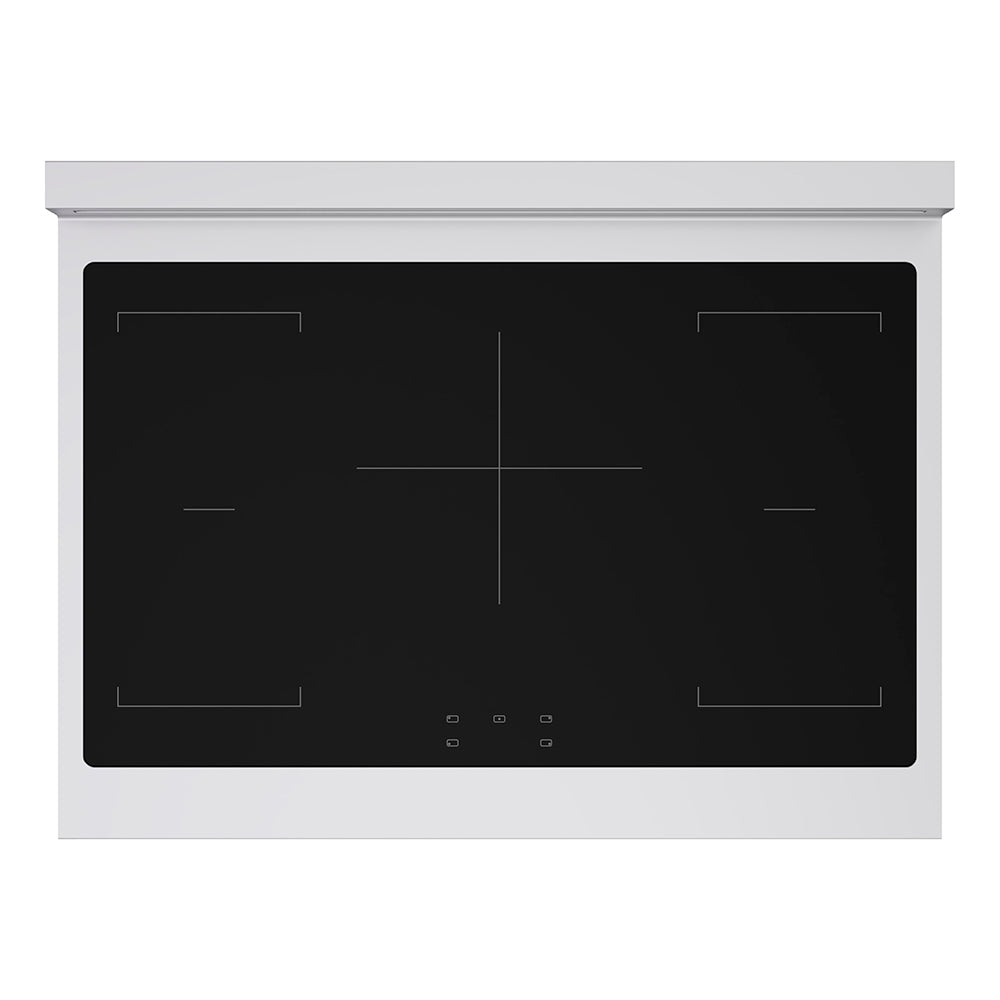 ZLINE Autograph Edition 36 in. 5.2 cu. ft. Paramount Induction Range with 5 Element Cooktop and Electric Convection Oven in Stainless Steel with White Matte Door and Polished Gold Accents (SINRZ-WM-36-G) top-down, above induction cooktop.