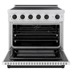 ZLINE Autograph Edition 36 in. 5.2 cu. ft. Paramount Induction Range with 5 Element Cooktop and Electric Convection Oven in Stainless Steel with White Matte Door and Matte Black Accents (SINRZ-WM-36-MB) front, oven open.