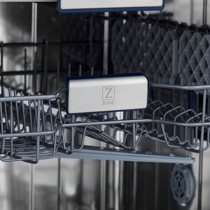 ZLINE 24 in. Tallac Series 3rd Rack Tall Tub Dishwasher in Stainless Steel, 51dBa (DWV-304-24) logo on dish rack with dishes in the background.