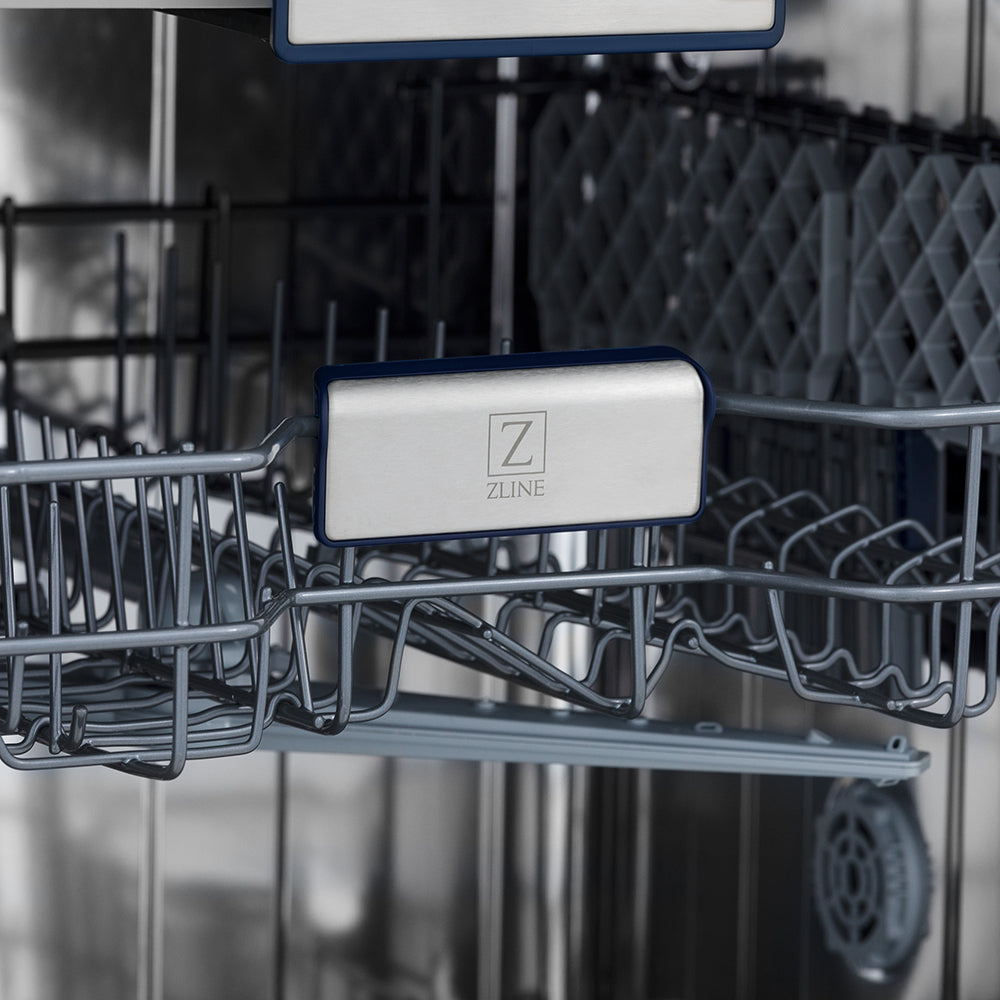 ZLINE logo on a ZLINE 24 in. Tallac Series 3rd Rack Tall Tub Dishwasher in Stainless Steel, 51dBa (DWV-304-24) interior with racks and spray arm.