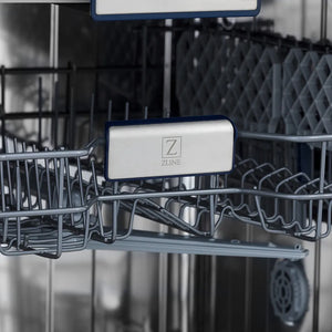 ZLINE logo on a ZLINE 24 in. Tallac Series 3rd Rack Tall Tub Dishwasher in Stainless Steel, 51dBa (DWV-304-24) interior with racks and spray arm.
