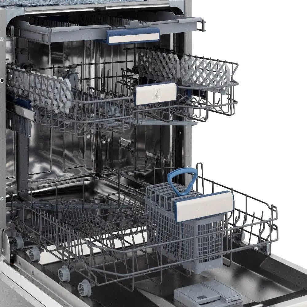 ZLINE 24 in. Tallac Series 3rd Rack Dishwasher in Stainless Steel with Traditional Handle, 51dBa (DWV-304-24) side, open, close-up dish racks.