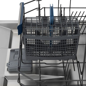 Dishwasher rack with cutlery and dishes inside a ZLINE 24 in. Tallac Series 3rd Rack Tall Tub Dishwasher in Stainless Steel, 51dBa (DWV-304-24)