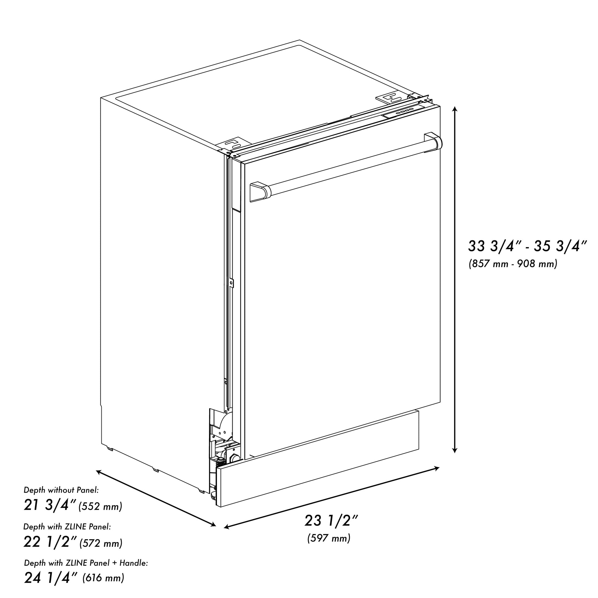 ZLINE 24 in. Tallac Series 3rd Rack Dishwasher in Stainless Steel with Traditional Handle, 51dBa (DWV-304-24) dimensional diagram.