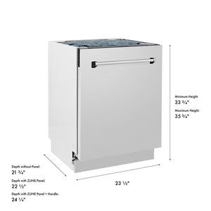 ZLINE 24 in. Tallac Series 3rd Rack Tall Tub Dishwasher in Stainless Steel, 51dBa (DWV-304-24) with dimensions labeled on a white background