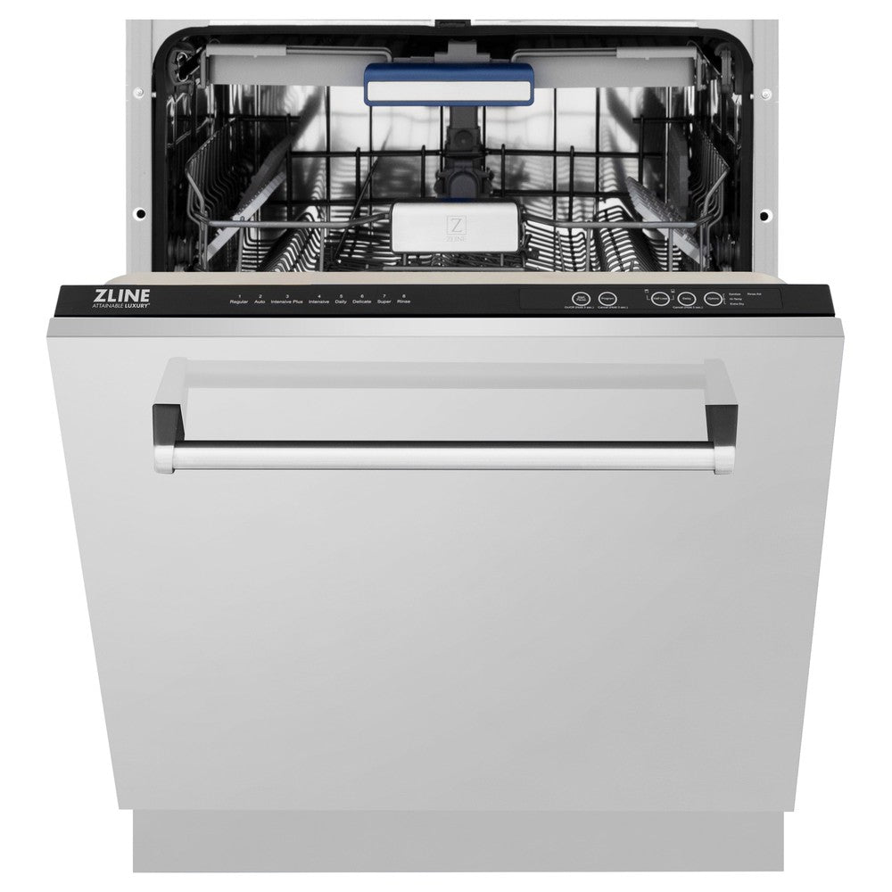 ZLINE 24 in. Tallac Series 3rd Rack Dishwasher in Stainless Steel with Traditional Handle, 51dBa (DWV-304-24) front, door half open.