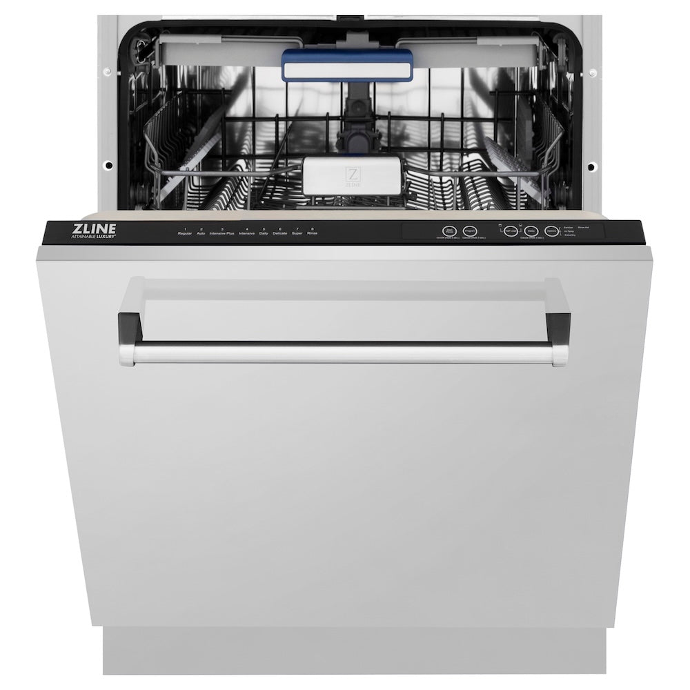 ZLINE 24 in. Tallac Series 3rd Rack Tall Tub Dishwasher in Stainless Steel, 51dBa (DWV-304-24) front, half open.