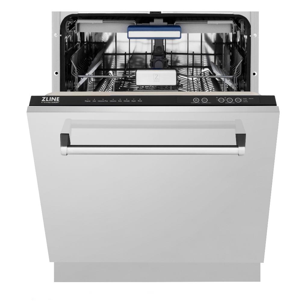 ZLINE 24 in. Tallac Series 3rd Rack Dishwasher in Stainless Steel with Traditional Handle, 51dBa (DWV-304-24) front, door half open.