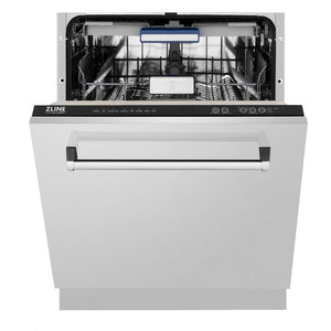 ZLINE 24 in. Tallac Series 3rd Rack Dishwasher in Stainless Steel with Traditional Handle, 51dBa (DWV-304-24) front, door half open.