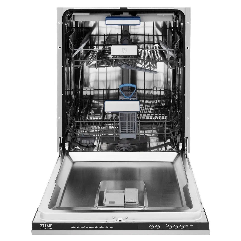 ZLINE 24 in. Tallac Series 3rd Rack Dishwasher in Stainless Steel with Traditional Handle, 51dBa (DWV-304-24) front, open.