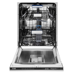 ZLINE 24 in. Tallac Series 3rd Rack Dishwasher in Stainless Steel with Traditional Handle, 51dBa (DWV-304-24) front, open.